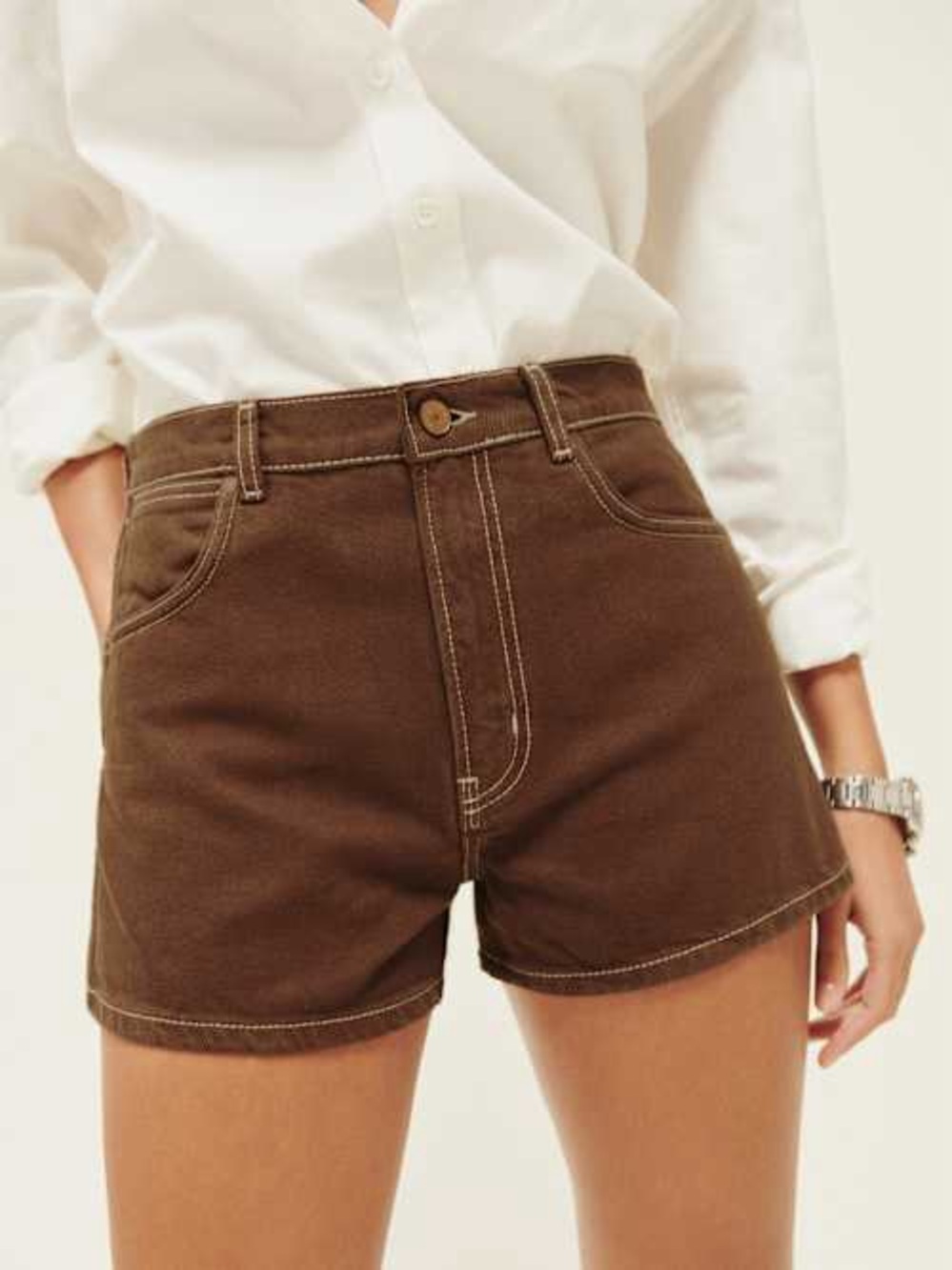Reformation Cowboy High Rise Jean Shorts in Chocolate